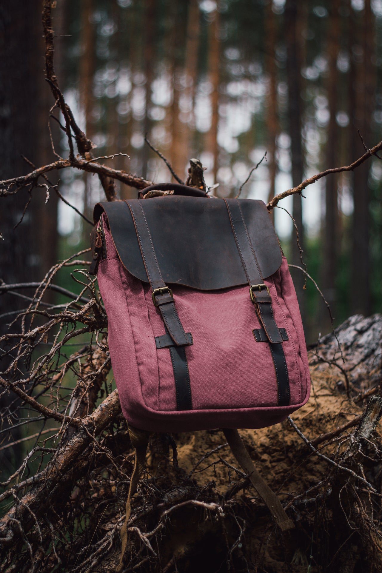 wanderrucksack canvas Believer Himbeer, Canvas-Rucksack mit Lederklappe – MORGNTAU